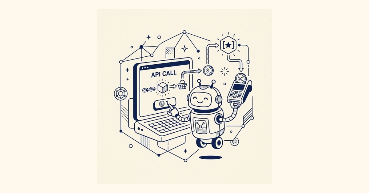 A friendly software robot buys one API call from a laptop using a payment terminal.