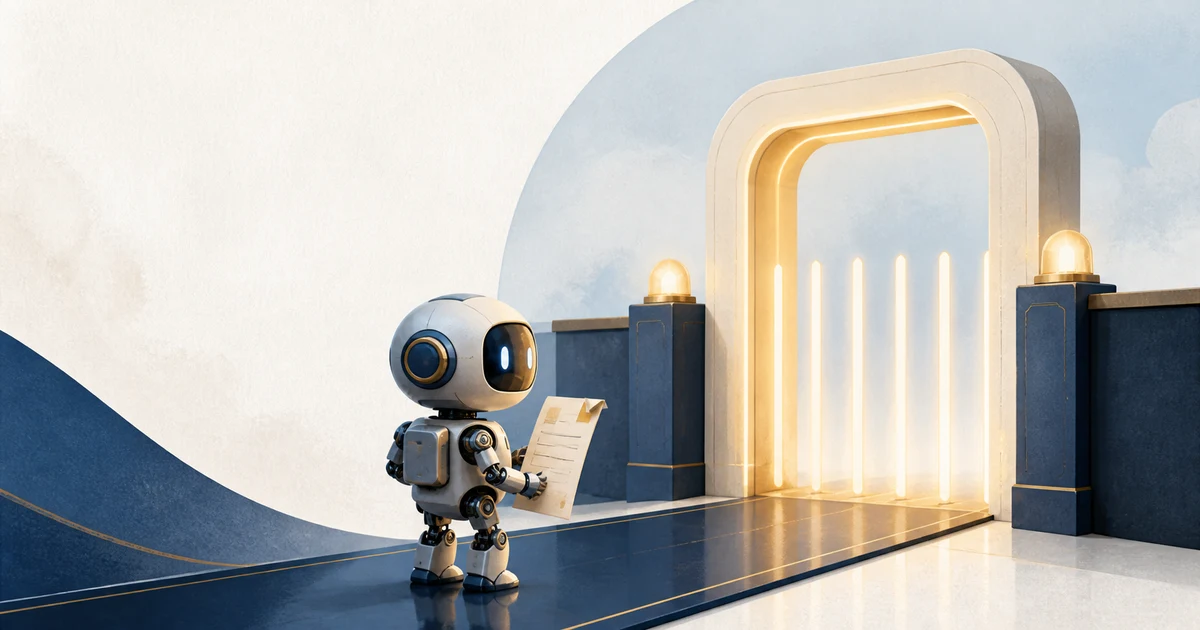 A small AI procurement agent holding a purchase order pauses at a glowing policy gate.