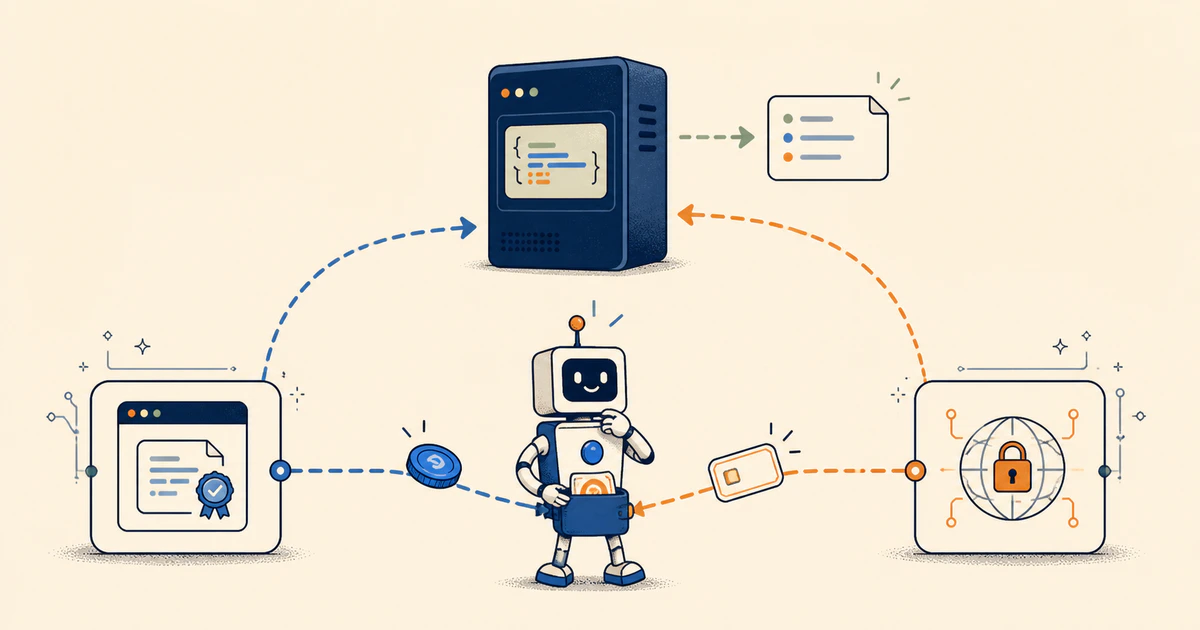A software robot routes two machine-payment paths through different mechanisms toward the same API server and structured result.