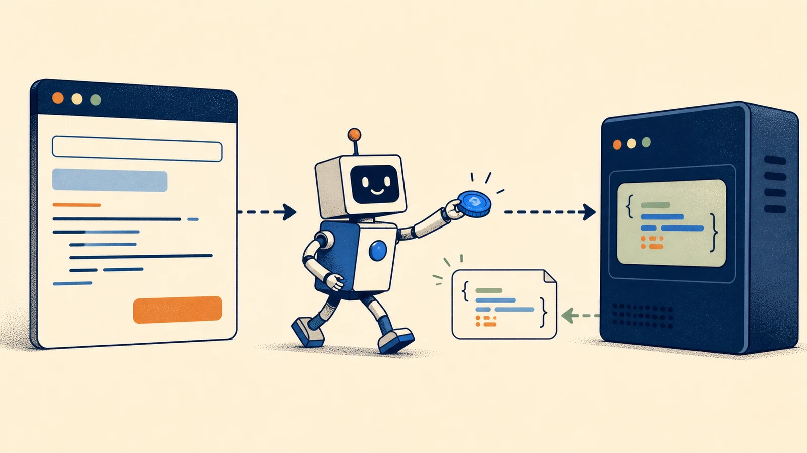 A friendly software robot sends a tiny payment token to an API server and receives a structured data response.
